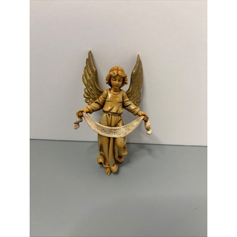 Fontanini Gloria Angel Figurine 1983 Depose‎ Italy Gold Tan Good Nativity Banner